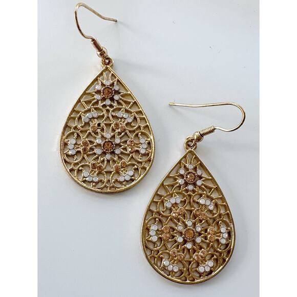 Francesca's Earrings Gold Tone Filigree Rhinestone Teardrop Fish Hook Dangle - Picture 3 of 3